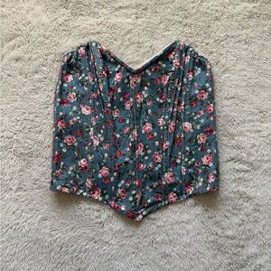 Urban Outfitters Floral Corset Top - Teal with Pink Roses